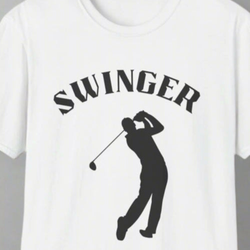 A white t-shirt with the word 'SWINGER' printed above a silhouette of a golfer in mid-swing.