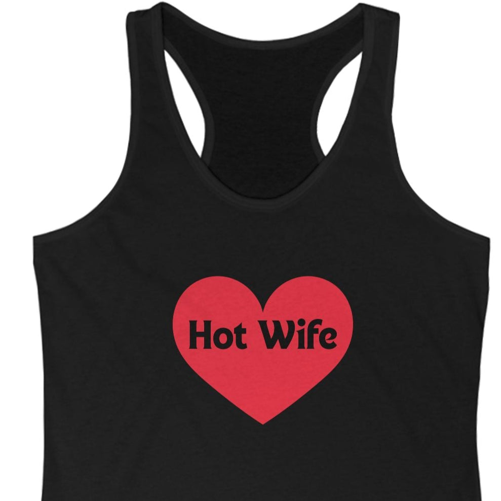 Black tank top with a red heart and 'Hot Wife' text on a white background