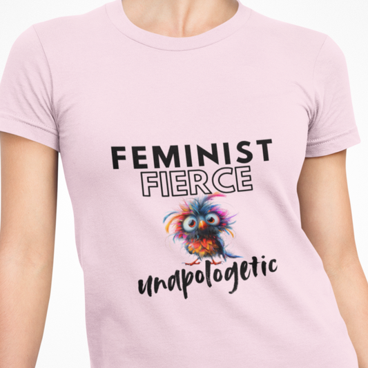 Pink t-shirt with 'Feminist Fierce undapologetic' text and owl graphic on a white background
