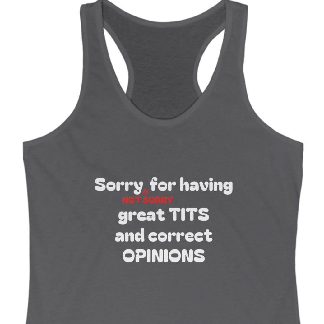 Gray tank top with white text on a white background
