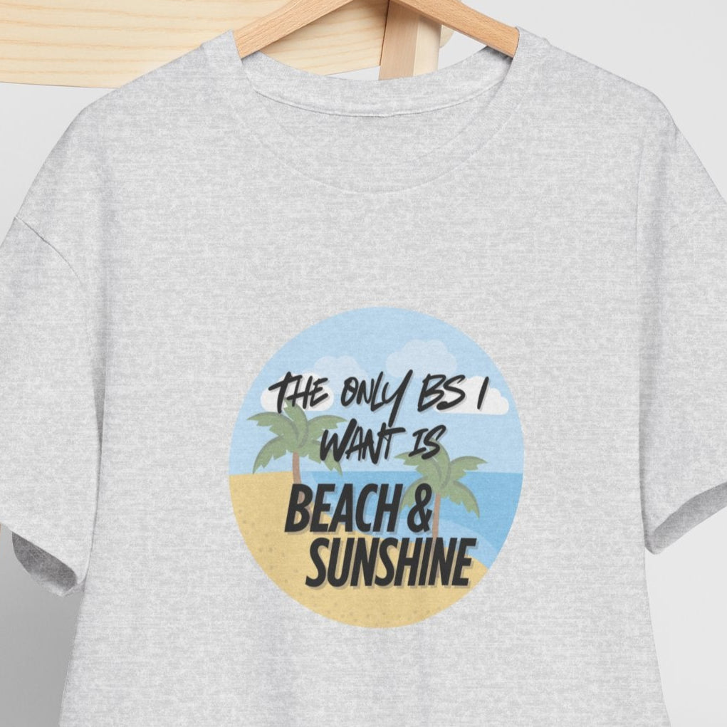 Gray t-shirt with 'Beach & Sunshine' design on a wooden chair against a white background