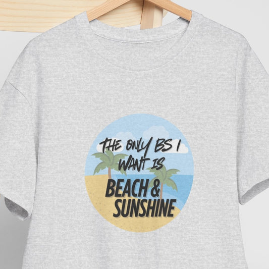 Gray t-shirt with 'Beach & Sunshine' design on a wooden chair against a white background