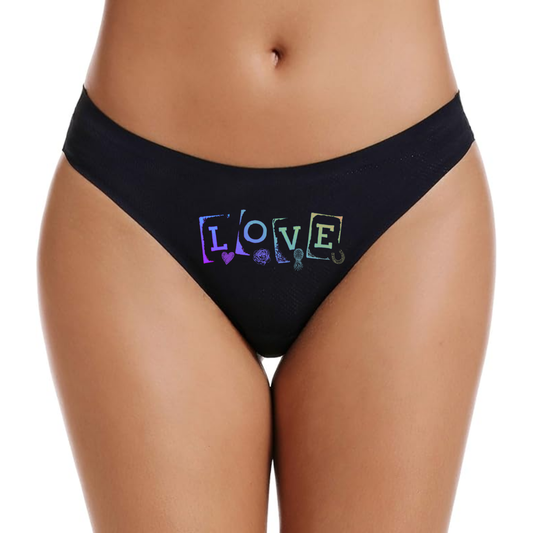 Love Printed Black Thongs