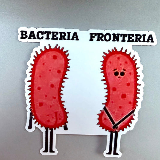 Bacteria Fronteria funny microbiology sticker with two cartoon bacteria